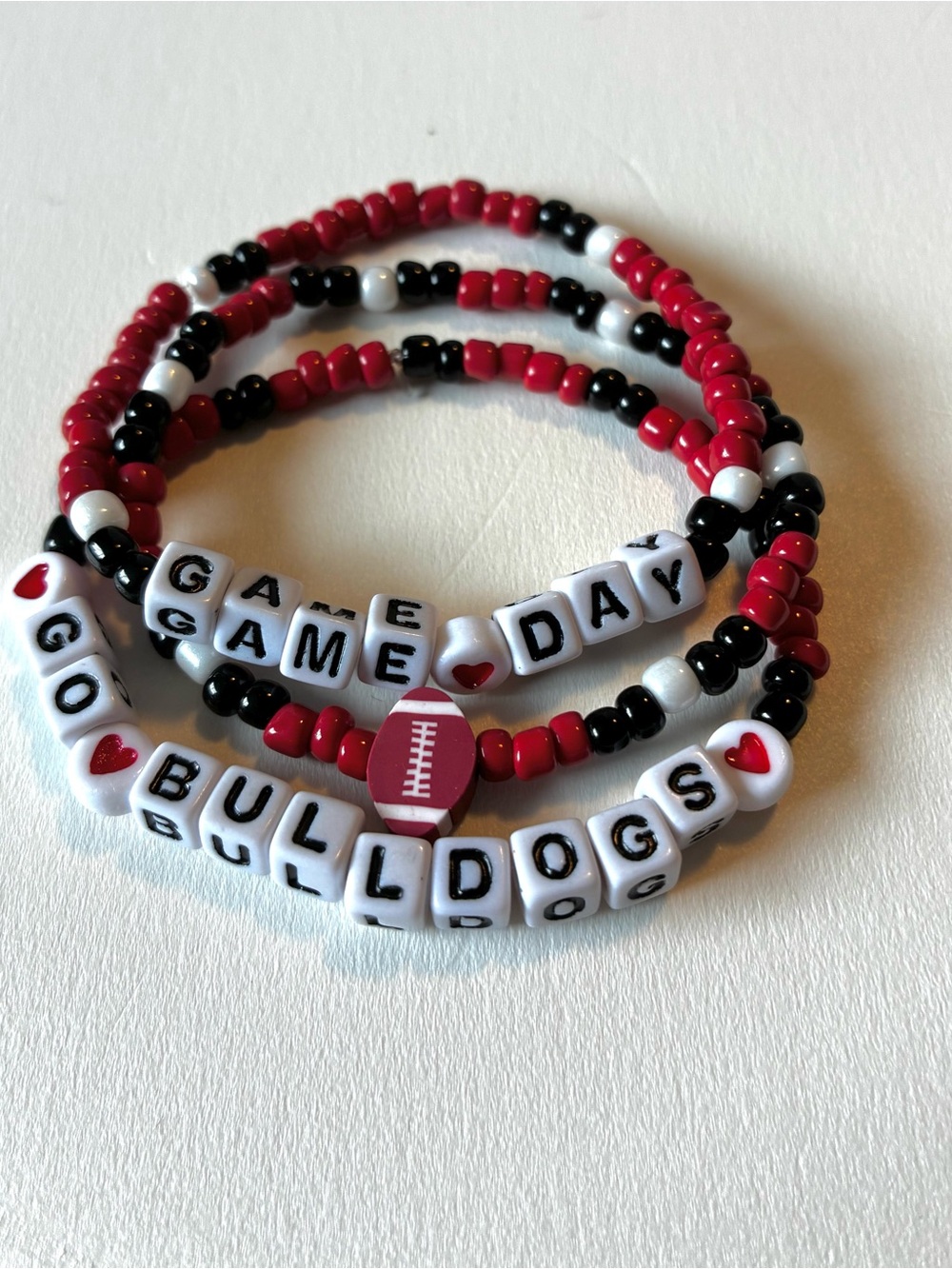 Red, Black & White 'GAME DAY' Bulldogs Beaded Stretch Bracelet Set